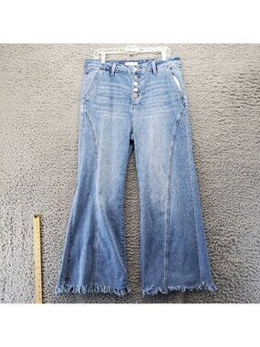 Risen Jeans Womens 1XL Blue Flare Button-Fly Distressed Hem Denim Pants